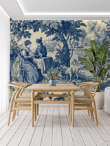 Vintage Mural Wallpaper | Blue and Beige Toile de Jouy Scene