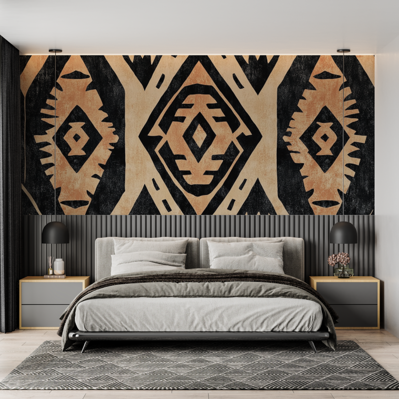 Geometric Mural Wallpaper | Aztec Pattern in Terracotta and Black