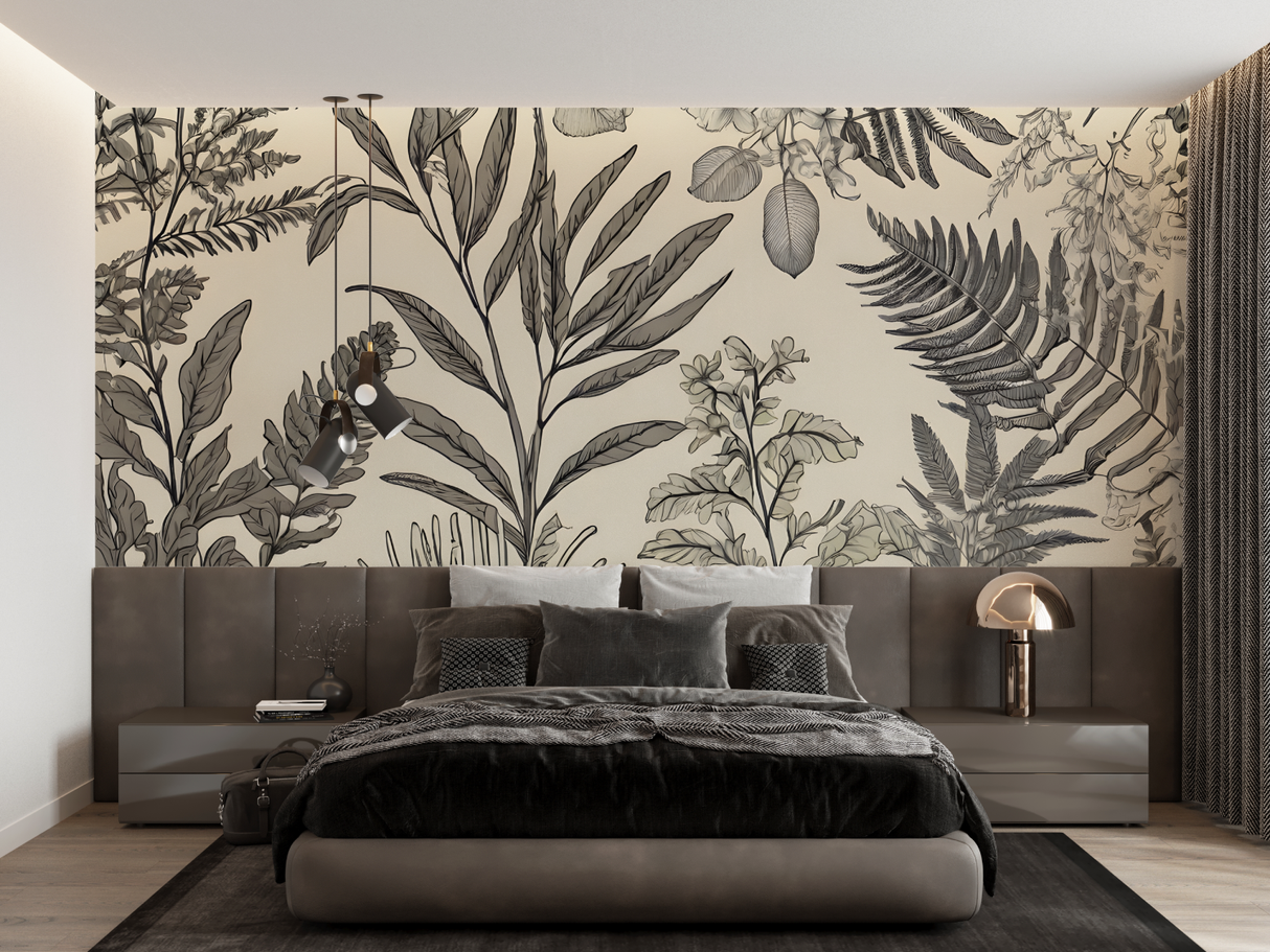 Tropical Foliage Mural Wallpaper | Monochrome Botanical Line Art
