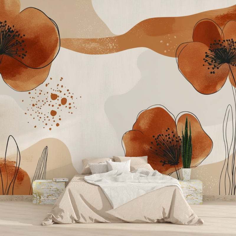 Floral Mural Wallpaper | Terracotta Watercolor Boho Design