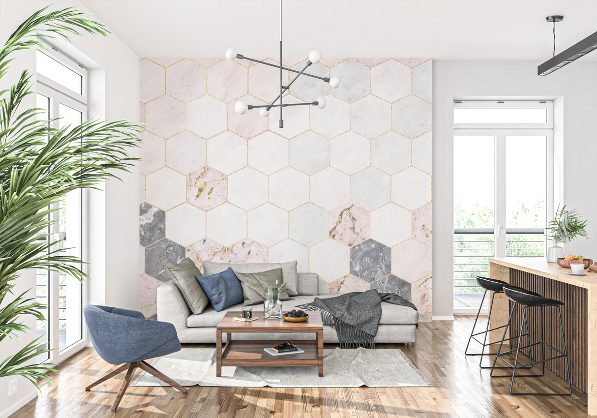 Geometric Mural Wallpaper | Pink and Grey Marble Hexagons with Gold