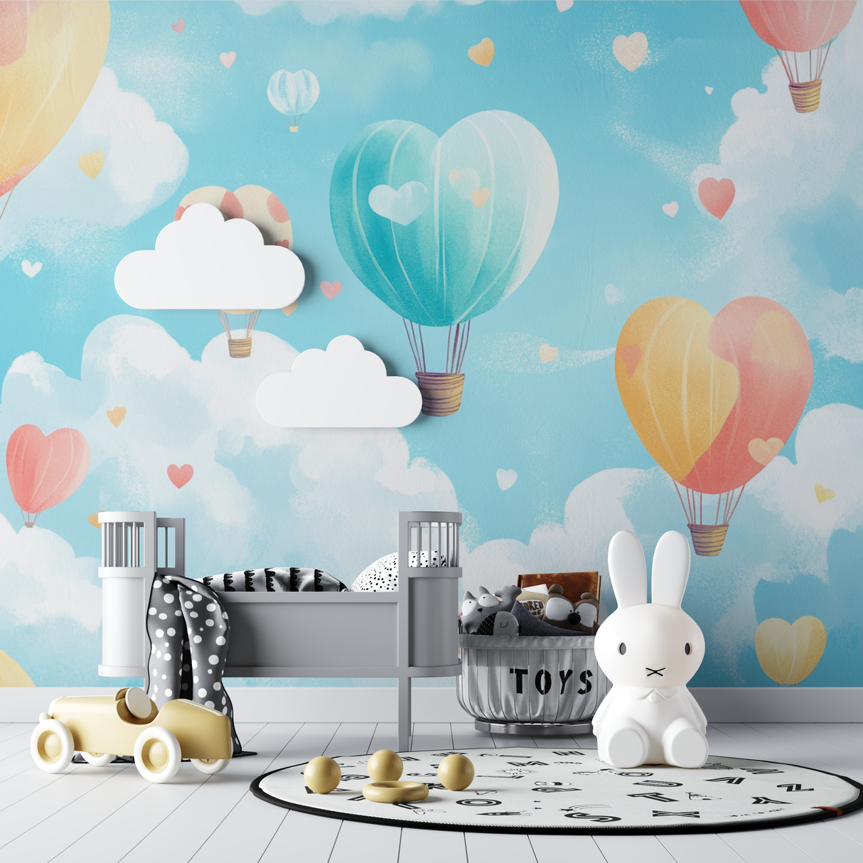 Hot Air Balloon Mural Wallpaper | Dreamy Hearts and Sky Design