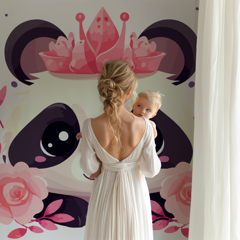 Princess Panda Mural Wallpaper | Pink Floral Crown Design