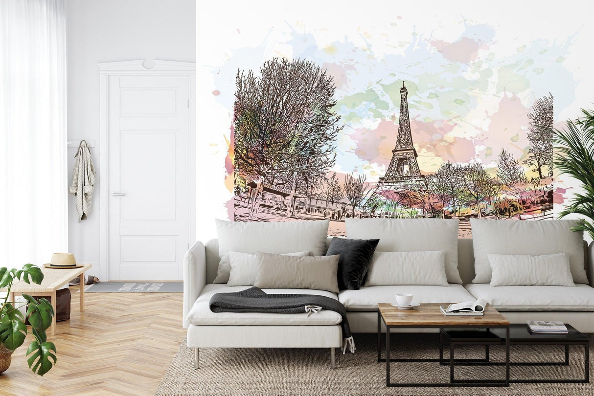 Paris Mural Wallpaper | Watercolor Eiffel Tower Scene