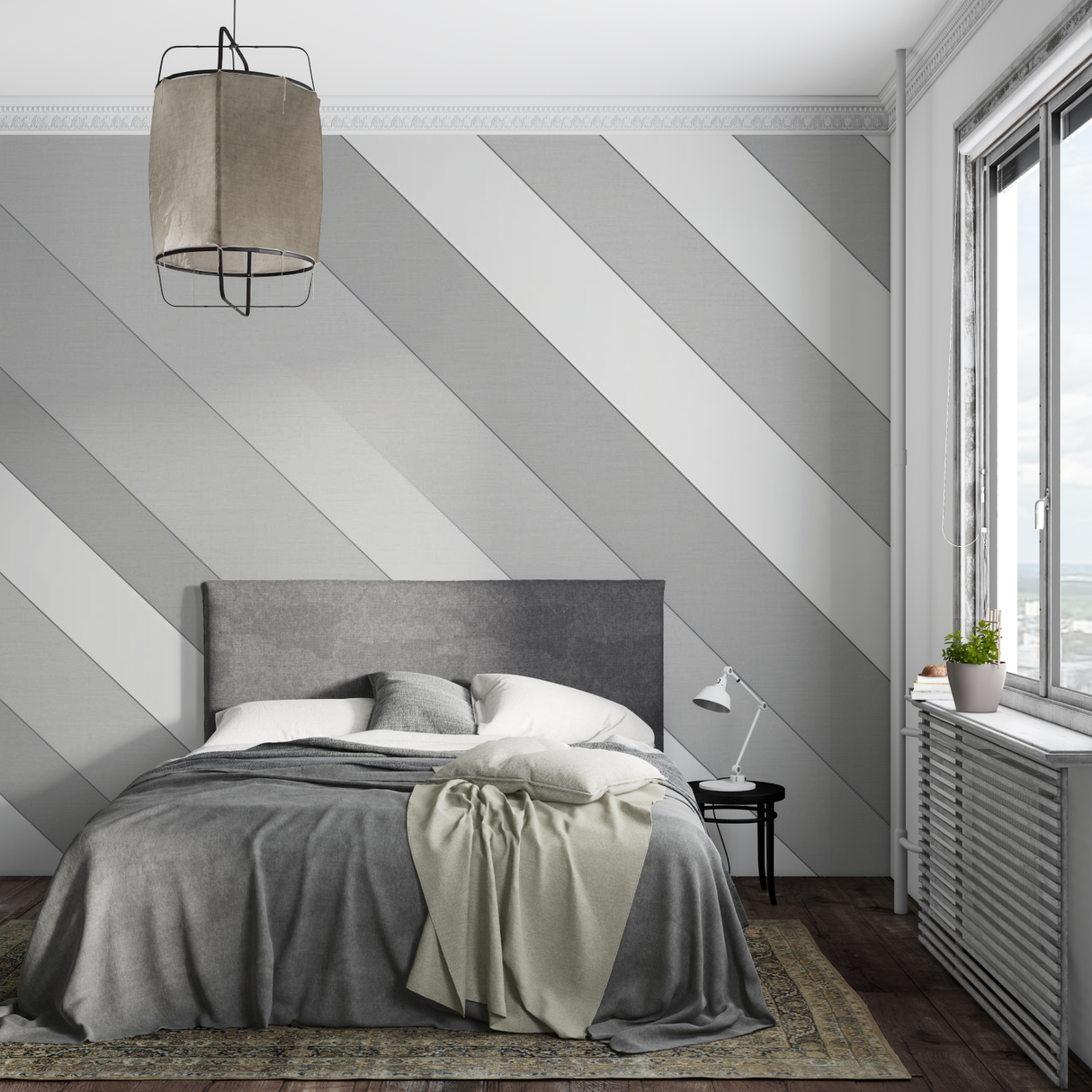 Geometric Mural Wallpaper | Modern Diagonal Stripes in Grey