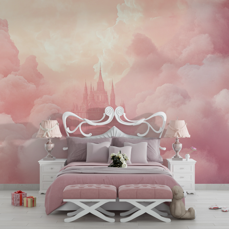 Princess Castle Mural Wallpaper | Dreamy Pink Clouds Fantasy