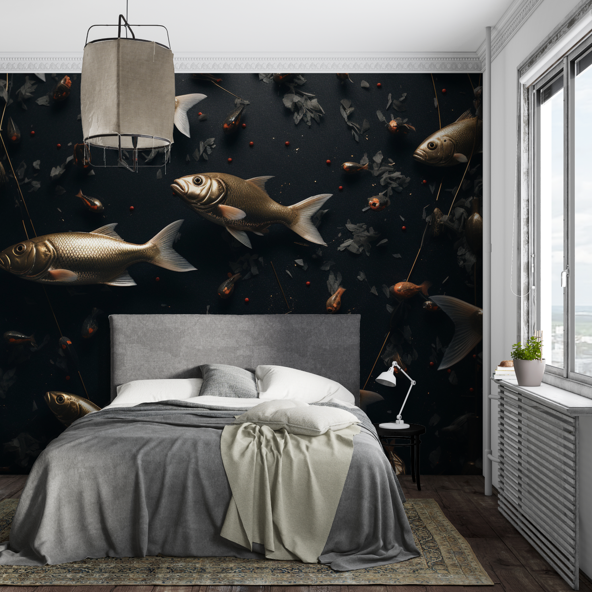 Marine Animals Mural Wallpaper | Golden Fish on Dark Background