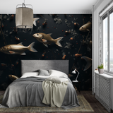 Marine Animals Mural Wallpaper | Golden Fish on Dark Background