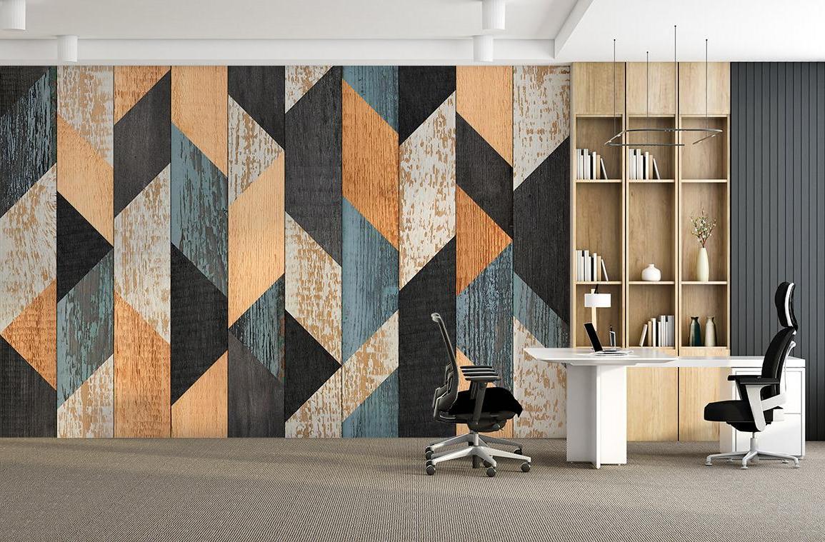Geometric Mural Wallpaper | Modern Wood Pattern in Blue and Beige