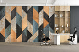 Geometric Mural Wallpaper | Modern Wood Pattern in Blue and Beige