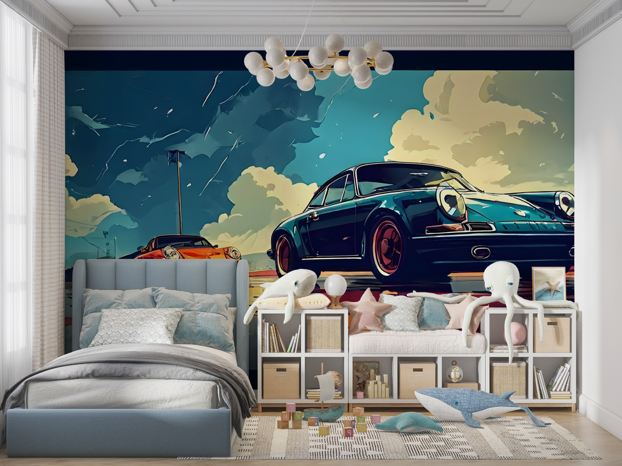 Sports Car Mural Wallpaper | Vintage Porsche Art Design