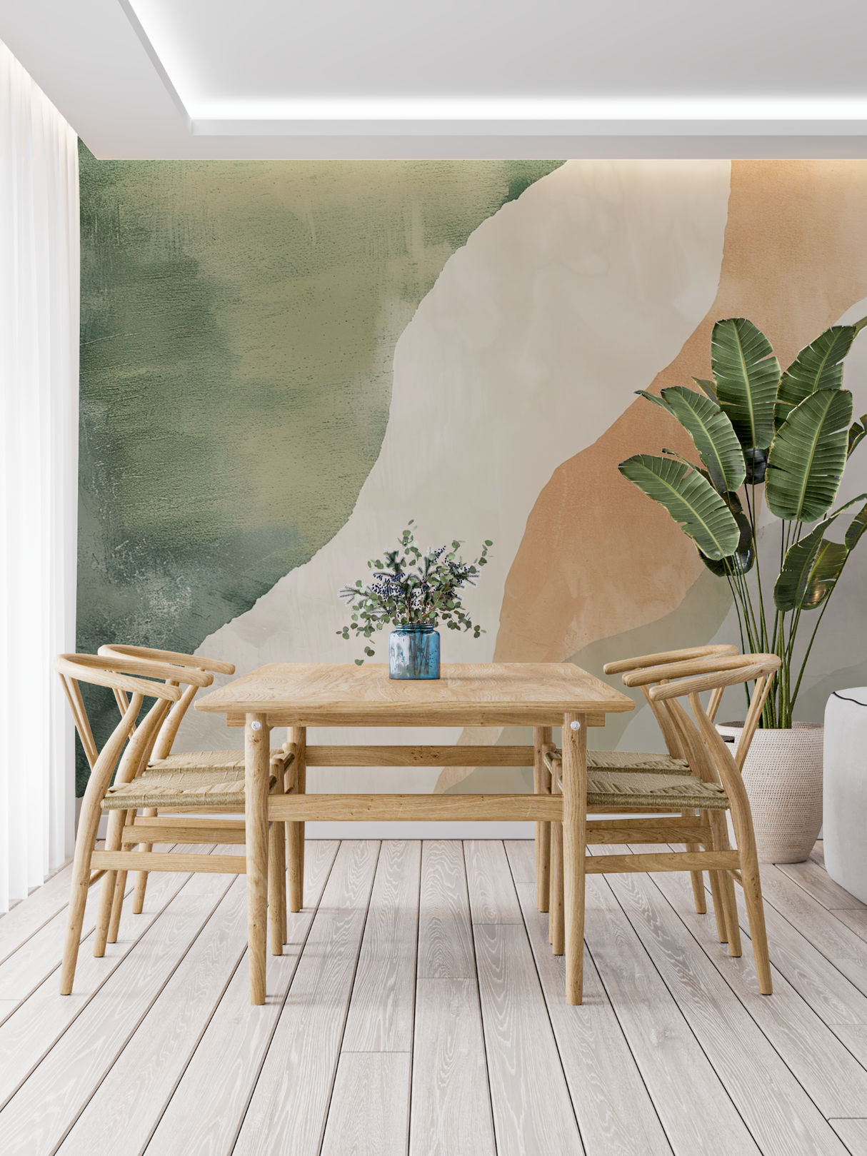 Abstract Mural Wallpaper | Green and Terracotta Waves Design