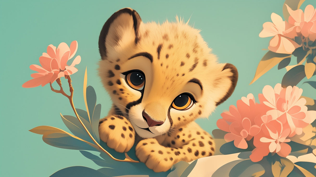 Baby Cheetah Safari Wallpaper in a modern nursery with pink and sage accents, creating a soft and welcoming atmosphere