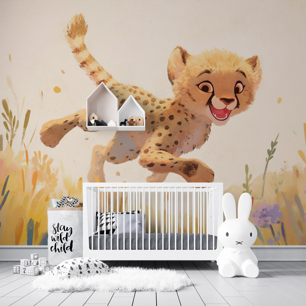 Baby Cheetah Safari Wallpaper creating a warm and playful atmosphere in a modern nursery with natural light
