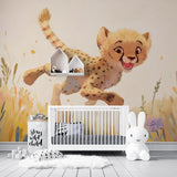 Baby Cheetah Safari Wallpaper creating a warm and playful atmosphere in a modern nursery with natural light