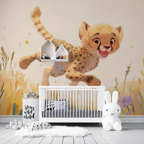 Baby Cheetah Safari Wallpaper creating a warm and playful atmosphere in a modern nursery with natural light