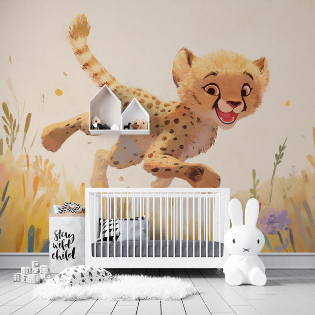 Baby Cheetah Safari Wallpaper creating a warm and playful atmosphere in a modern nursery with natural light