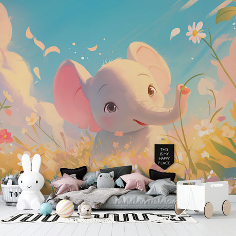 Baby elephant nursery wallpaper mural in a bright, modern nursery with white furniture and soft pink accents