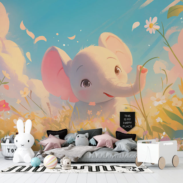 Baby elephant nursery wallpaper mural in a bright, modern nursery with white furniture and soft pink accents