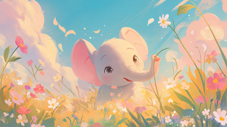 Baby elephant wallpaper design file showing sweet elephant calf among pastel flowers