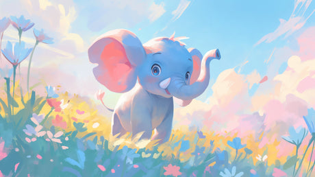 Baby elephant wallpaper in modern nursery with white crib and pastel decor, creating a peaceful sleeping space