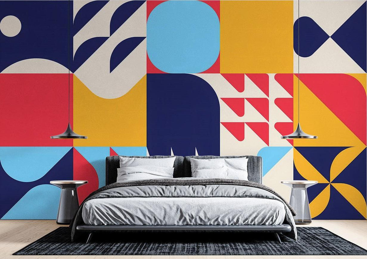 Geometric Mural Wallpaper | Modern Art Deco Design in Blue Red and Yellow