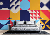 Geometric Mural Wallpaper | Modern Art Deco Design in Blue Red and Yellow