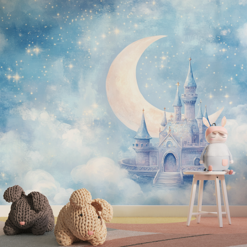 Fantasy Castle Mural Wallpaper | Magical Night Sky with Moon