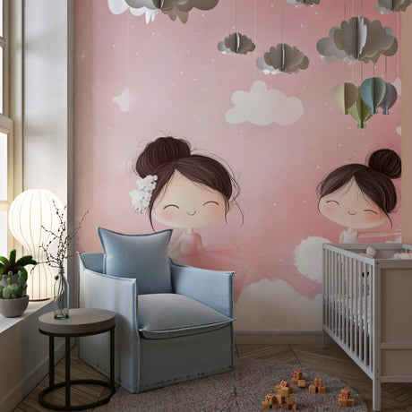 Ballerina wallpaper in a bright nursery with white furniture showing the gentle pink tones and dancing figures