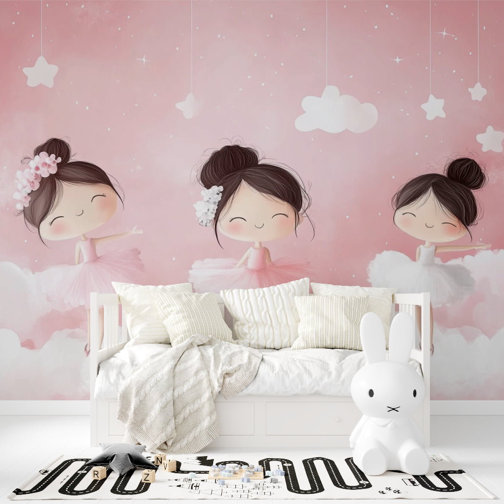 Ballerina wall mural showcased in a modern playroom setting with white trim