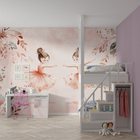 Ballet dancer wallpaper bringing grace to a young girl's bedroom with soft pink watercolor design