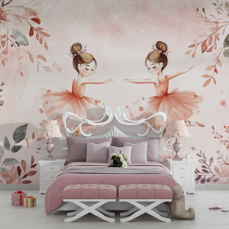 Dance studio transformed with ballet wallpaper showing graceful dancers in pink