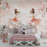 Dance studio transformed with ballet wallpaper showing graceful dancers in pink