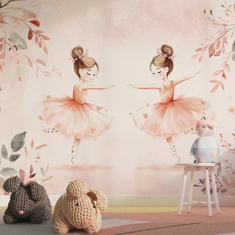 Pink ballet wallpaper brightening a playroom with dancing figures
