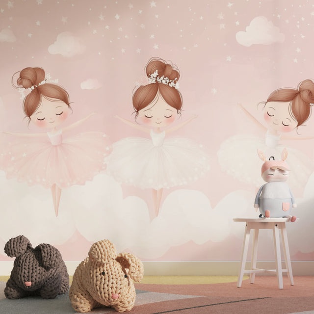 Ballet dancer wallpaper creating a magical atmosphere in a little girl's bedroom with pink accents