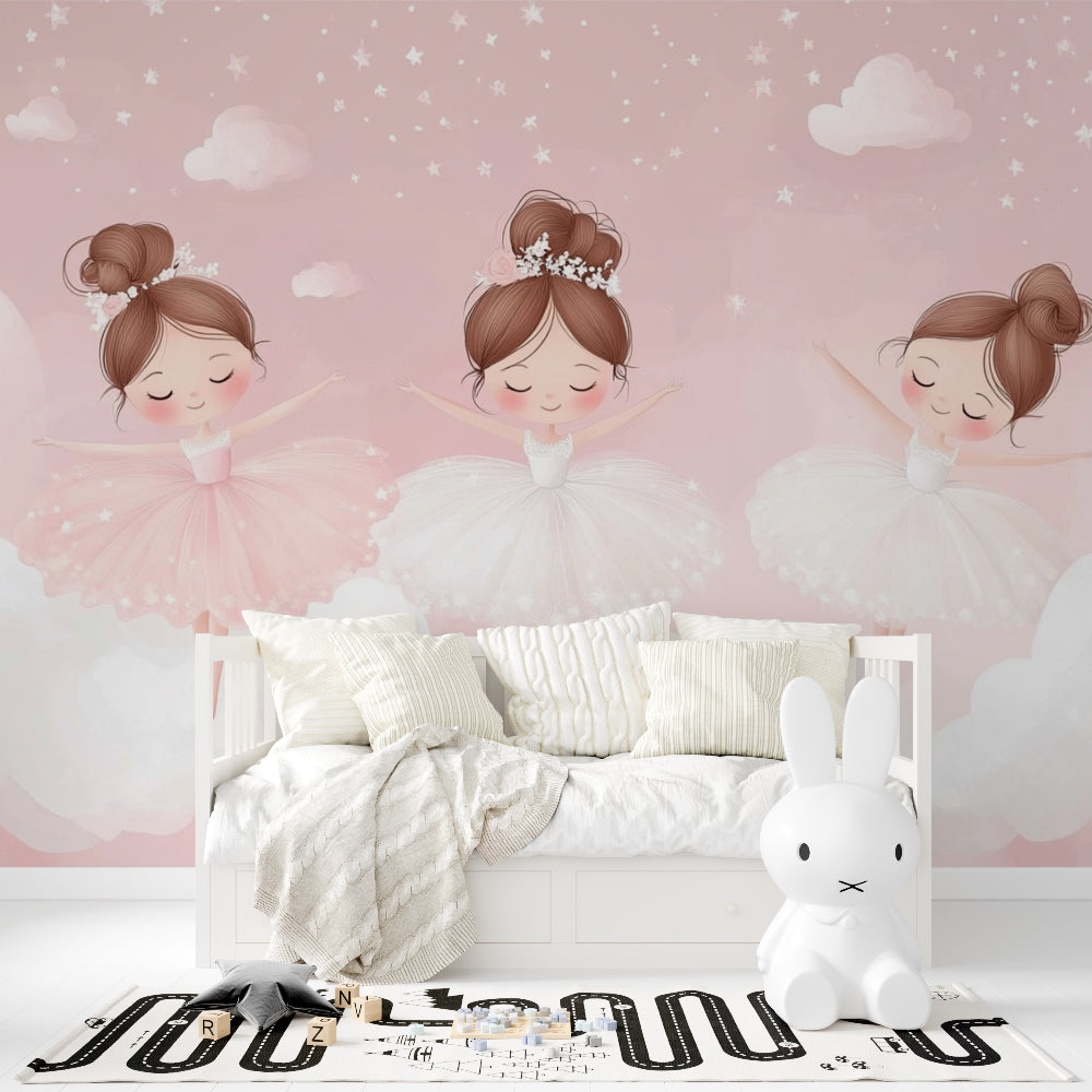 Ballerina wallpaper bringing elegance to a nursery with white furniture