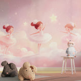 Ballet dancer wallpaper creating a magical atmosphere in a little girl's bedroom with soft pink lighting