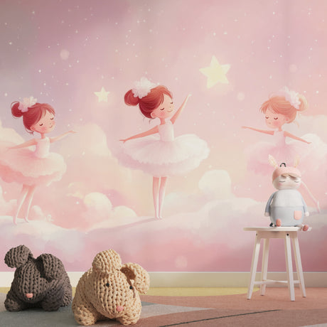 Ballet dancer wallpaper creating a magical atmosphere in a little girl's bedroom with soft pink lighting