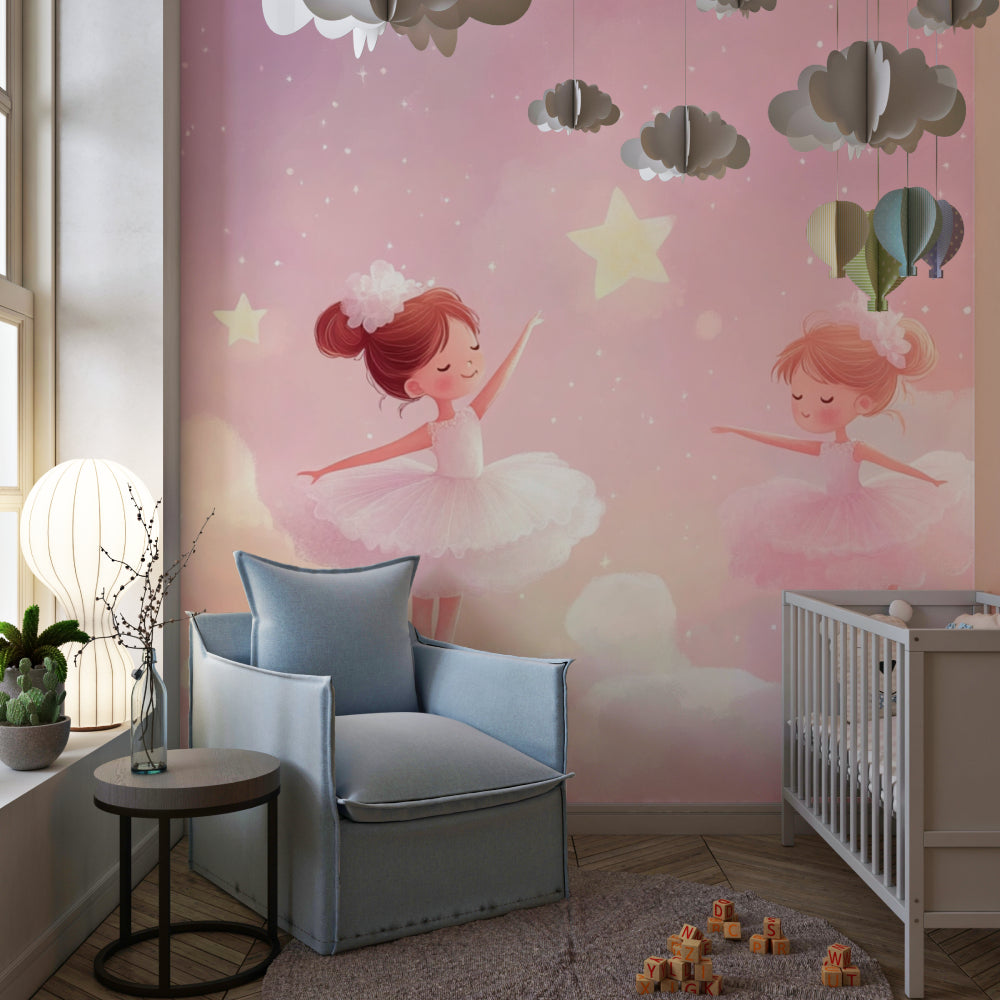 Ballerina wall mural adding dreamy touch to a nursery with white furniture and pink accents