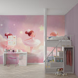 Dance themed wallpaper making a playroom feel magical with natural lighting and pink details