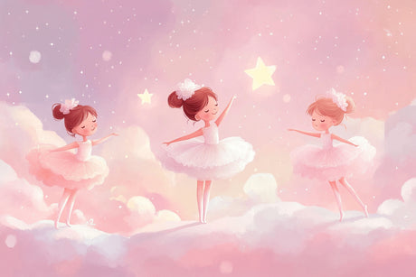 Design file of dancing ballerinas with pink stars pattern and dreamy cloud elements