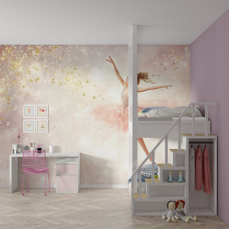 Ballet dancer wallpaper in modern girl's bedroom showing pink and gold star design