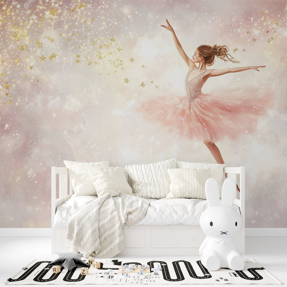 Ballerina wall mural displayed in dance studio with natural lighting