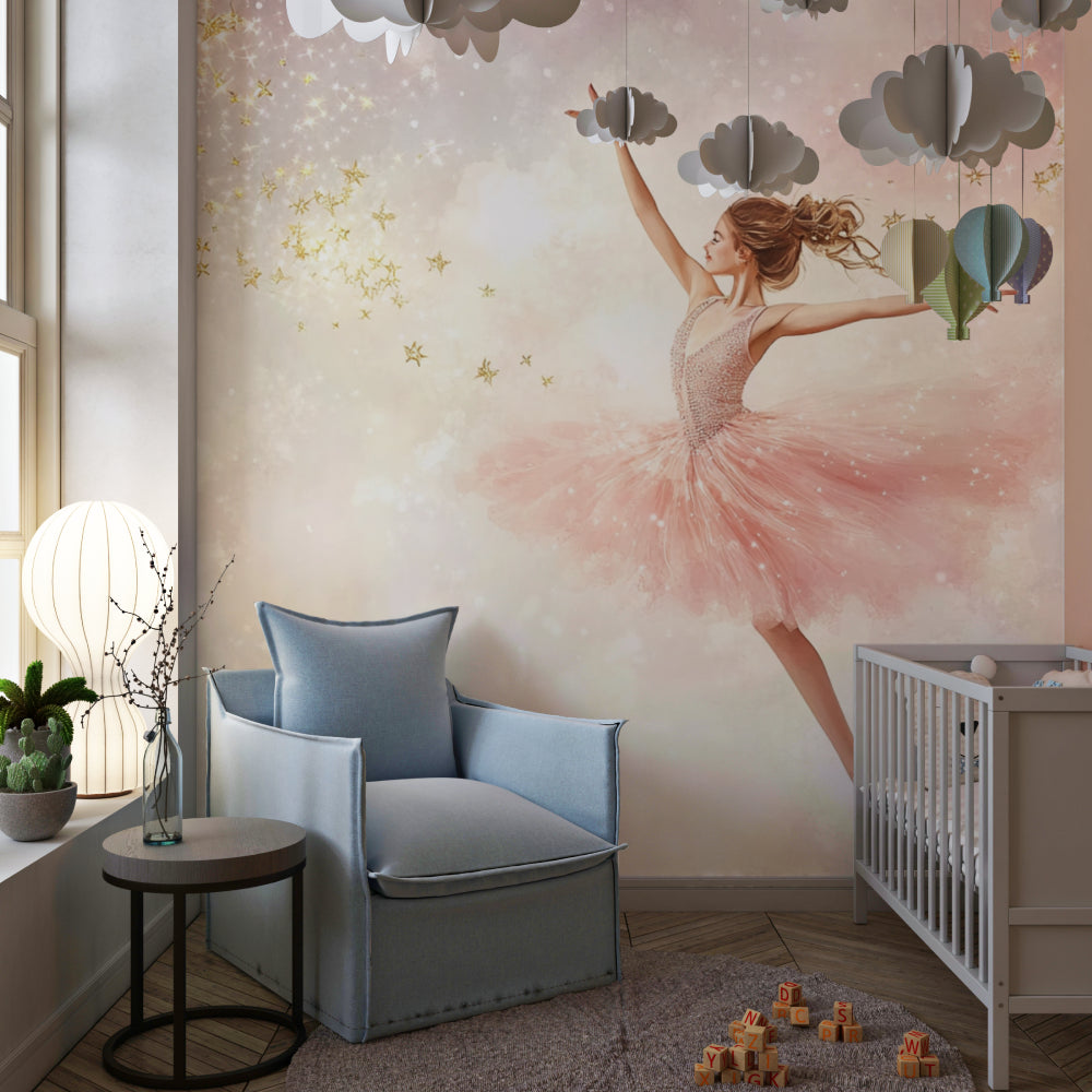 Ballet wall mural showcased in nursery with pink and gold decor