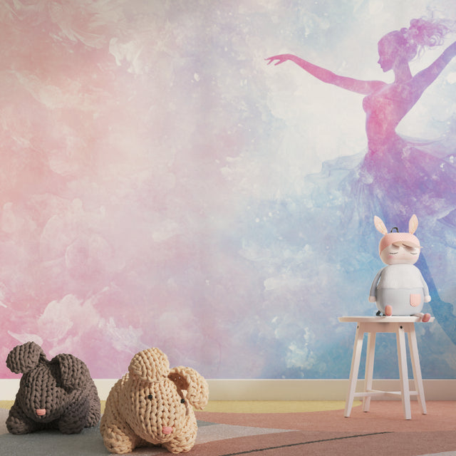 Ballet dance mural in a bright girl's bedroom with white furniture and pink accents