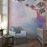 Dance studio with watercolor ballet wallpaper creating an inspiring practice space