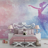 Modern nursery featuring soft ballet wallpaper design with purple and pink tones