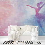 Ballet themed bedroom with dreamy watercolor dance mural and floating elements
