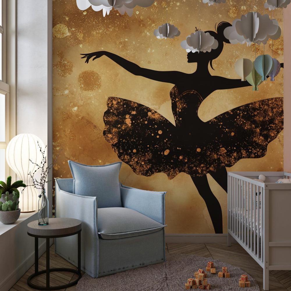 Golden ballet wall mural creating an elegant backdrop in a girl's bedroom
