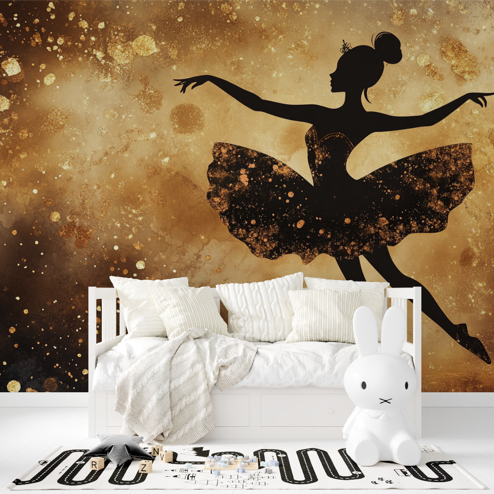 Golden dance wallpaper creating ambiance in a home dance practice space